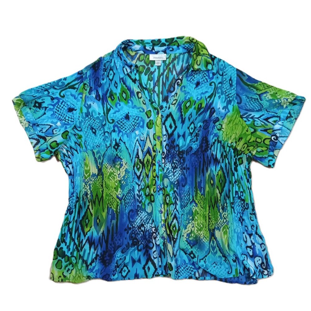 Dressbarn Button Up Women Size 18/20 Pleated Semi Sheer Aqua Multi Color V-Neck